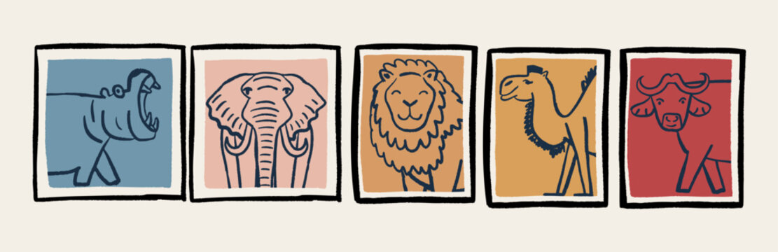 Collection of hand-drawn vector african  animal portraits. Minimalistic doodle set of hippo, elephant, lion, camel, and buffalo in colorful frames. 