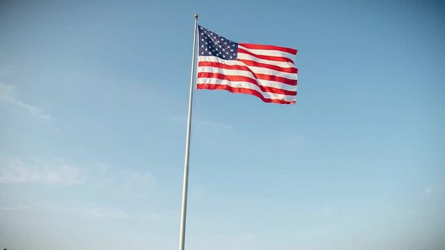 American flag waving on a flagpole against a clear blue sky with some clouds