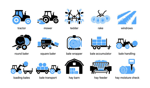 Collection of baling and forage machinery icons on white background