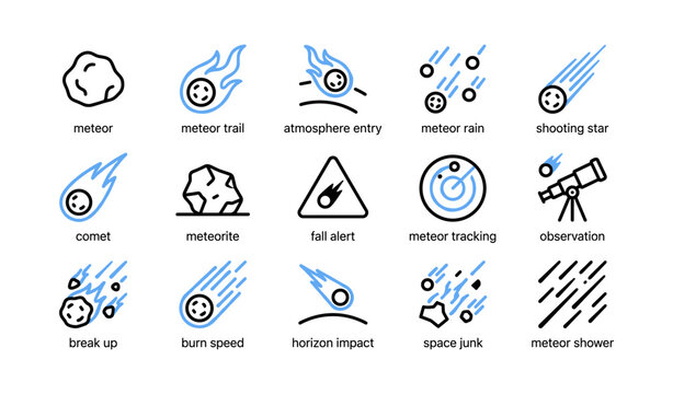 Meteor and comet icons showing trails impacts and tracking