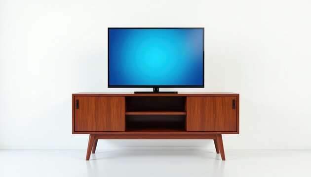 Flat screen TV rests on mid century modern wooden console table against white wall. Screen shows blue gradient with stand. This setup is clean and minimalist, ideal for home entertainment displays.