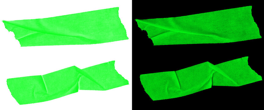 Neon green gaffer tape strips, vibrant adhesive cloth tape pieces on white and black backgrounds, textured duct tape set for design mockups