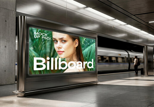 Metro Station Billboard with Woman Design Mockup