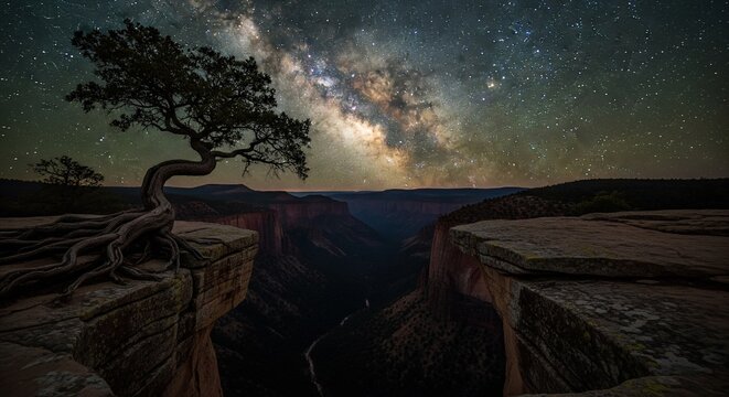 A single gnarled tree growing on a high canyon cliff under a massive, colorful Milky Way galaxy in the night sky