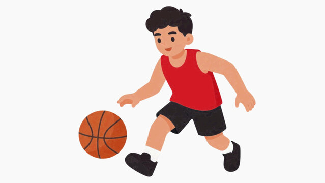 Teen boy in red jersey and black shorts dribbling orange basketball flat cartoon vector illustration isolated on white background