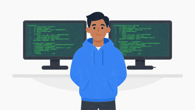 Male tech developer in blue hoodie standing in front of two monitors with green code flat cartoon vector illustration isolated on white background