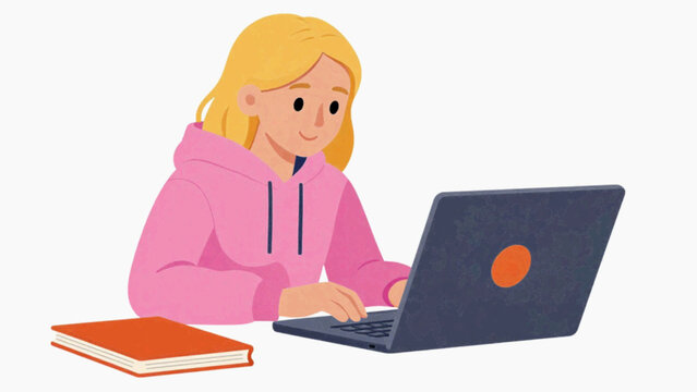 Teen girl in pink hoodie typing on dark laptop with orange book on desk flat cartoon vector illustration isolated on white background