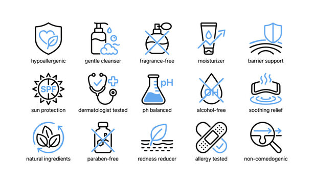 Set of skincare product icons showing labels and benefits on white