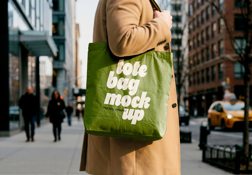 Person Walking with Canvas Tote Bag City Mockup