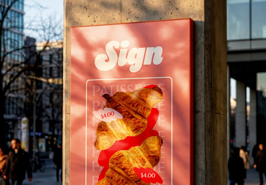 Outdoor Vertical Sign Post in Urban Plaza Mockup