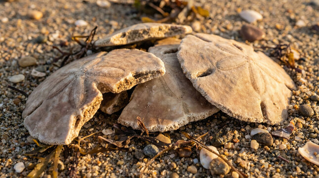 Authentic Sand Dollar Collection Textured Beach Surface. Rustic macro composition of weathered sand dollars arranged on natural sandy beach texture, warm earthy tones