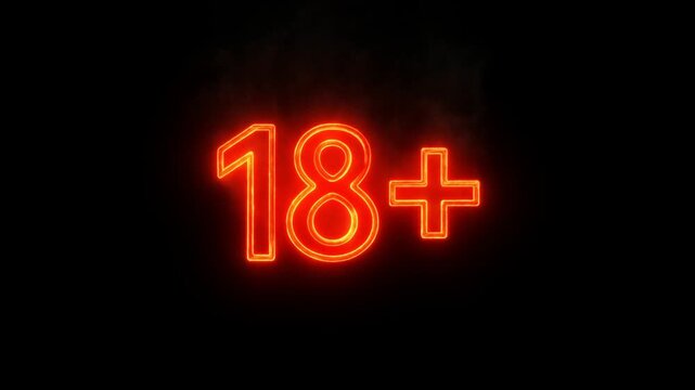 Slow zoom closeup of 18 plus neon sign pulsing with embers smoke and flicker on dark studio background center frame for adult age rating display