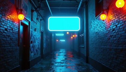 Fototapeta premium Dark brick alleyway with wet ground, glowing neon signs, and hanging orange lamps. Graffiti adorns walls creating a gritty urban scene, mysterious atmosphere, backstreet nightlife ambiance.