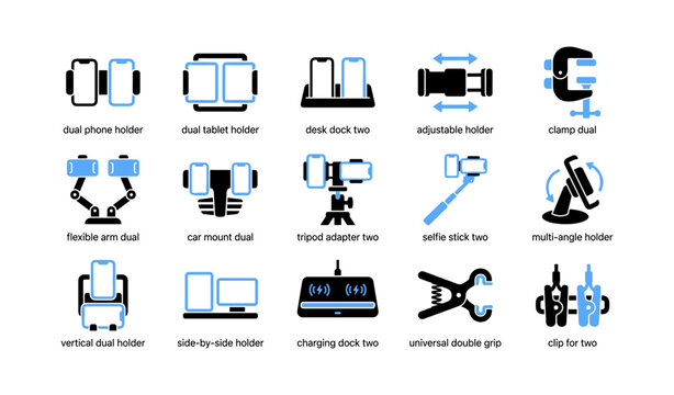 Dual device holders and mounts icons arranged on white background