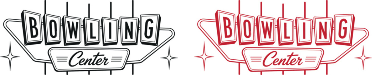 Vintage bowling center signage illustration retro style vector graphic black and red versions isolated on transparent background © RAC.Design-Magic