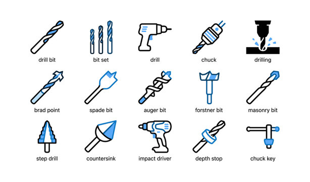 Drill bit and drilling tool icons arranged in grid layout