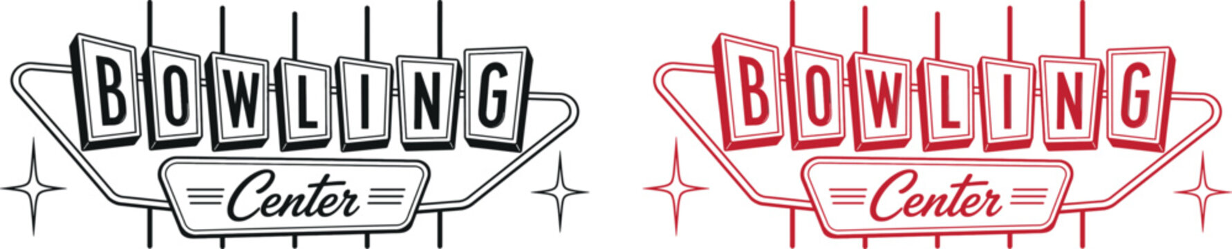 Vintage bowling center signage illustration retro style vector graphic black and red versions isolated on transparent background