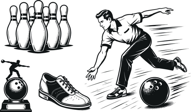 Black and white bowling illustration set isolated on transparent background