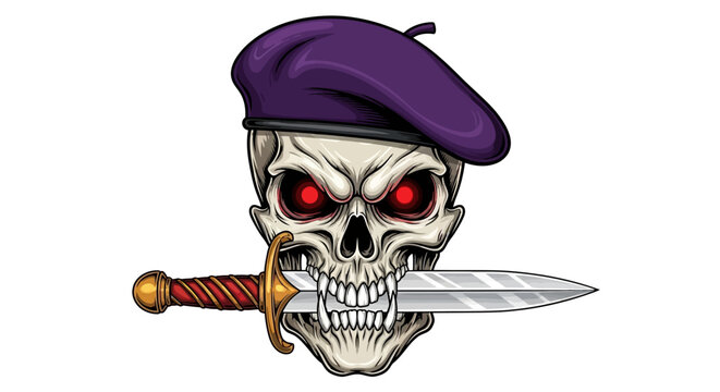 Fierce skull with glowing red eyes wearing a purple beret and biting a silver dagger, menacing illustration symbolizing danger and rebellion, perfect for edgy designs and dark themes