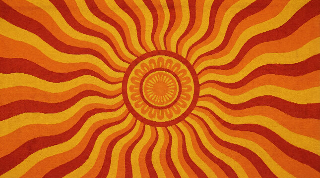 Vibrant Solstice Sun Burst Graphic Orange Yellow. Bold symmetrical sunburst pattern with radiating rays in vivid orange and yellow, energetic centered composition
