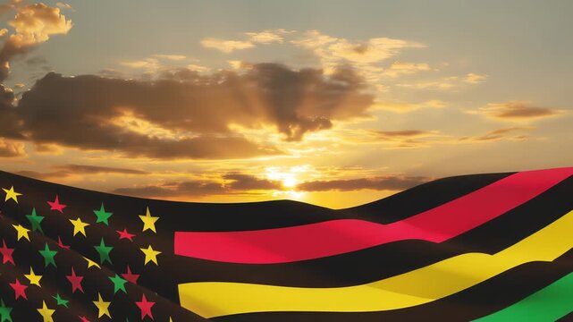 Alternative Juneteenth Flag with sunrise or sunset. Since 1865. Design of Banner with place for text. Video concept.