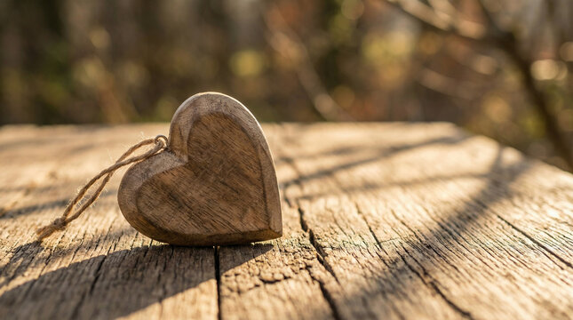 Warm Wooden Heart on Rustic Table with Soft Golden Light. Close-up of handcrafted wooden heart ornament on weathered oak surface, warm amber sunlight casting gentle shadows, bokeh background