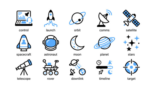 Space exploration icons showing rocket satellite and rover on white
