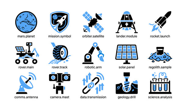 Space and rover icons arranged in a grid on white background