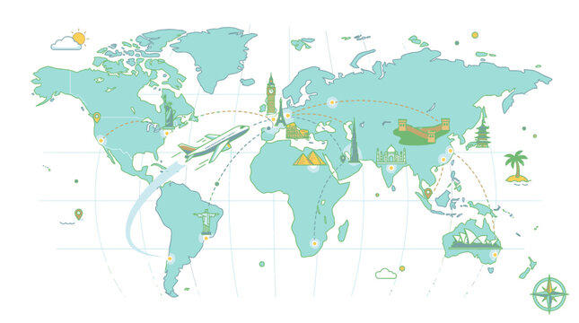World Map with Travel Destinations Marked.