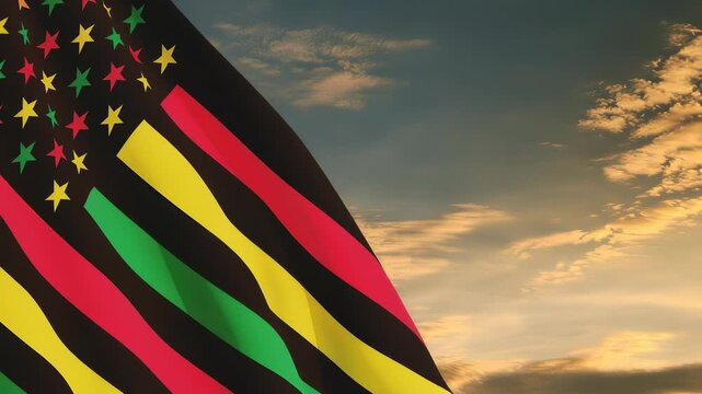 Alternative Juneteenth Flag with sunrise or sunset. Since 1865. Design of Banner with place for text. Video concept.