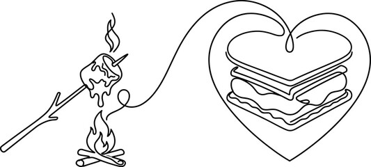 Fototapeta premium Continuous line drawing of a toasted marshmallow over a campfire and a heart shaped sandwich.