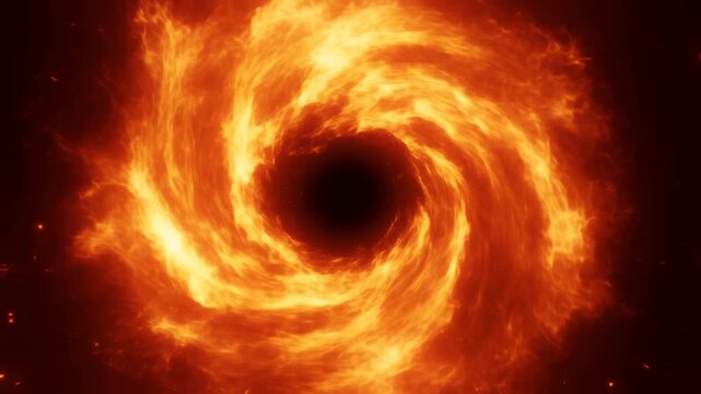 Rotating slow motion view of fiery vortex swirling into dark central void against space like cosmic background with glowing embers and heat