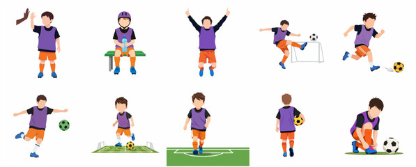 Fototapeta premium Set of Young Boy Soccer Player Vector Illustrations in Various Actions and Poses for Kids Sports Training and Activities