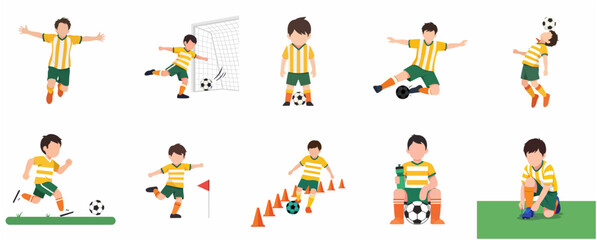 Fototapeta premium Set of young boy soccer player character illustrations in various poses and actions like kicking, dribbling, and scoring goals