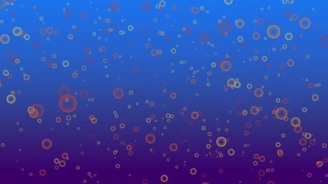 Animated orange and yellow bubbles rising on a blue to purple gradient background, underwater atmosphere, liquid motion, fizzy drink, or backdrop