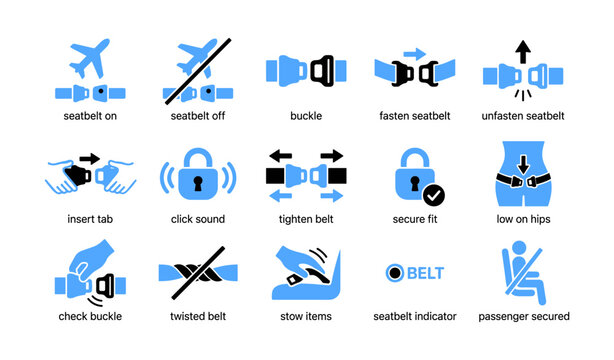 Seatbelt instruction icons showing fastening steps on white background