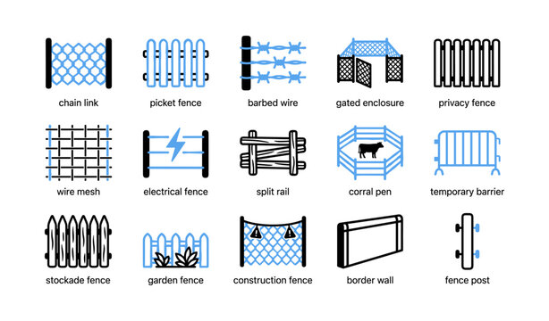 Various fence types and barriers shown as icons in grid layout