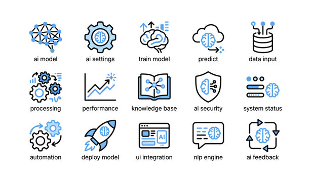 Ai model and workflow icons showing training and deployment
