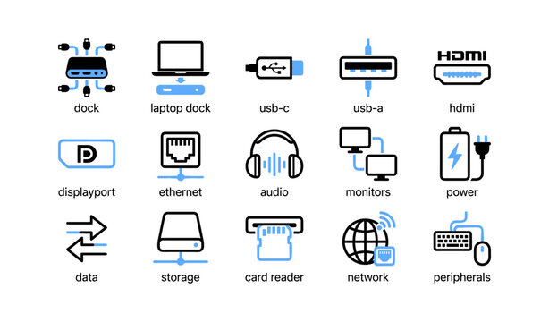 Computer ports and docking icons arranged in grid layout