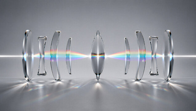 Symmetrical arrangement of optical glass lenses with light beam. Physics experiment showing light refraction convergence and divergence