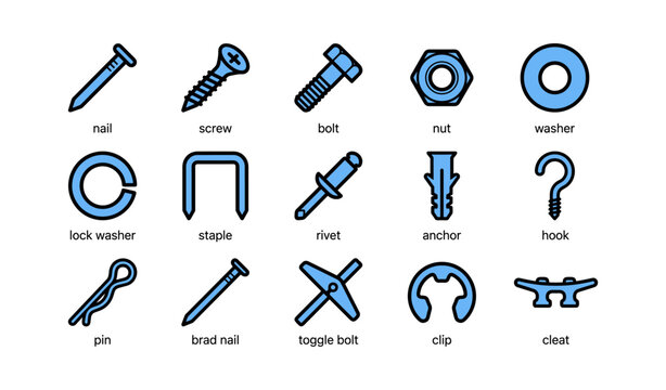 Fasteners and hardware icons labeled and arranged on white background
