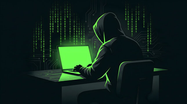 hacker working on laptop with binary code background