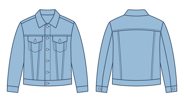 Light blue denim jacket mockup design vector featuring front and back flat technical views for fashion apparel illustration