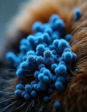 Microscopic view of blue mold growth on animal fur. Microbe colonies spread on pet hair surface. Microscopic fungal infection on mammal coat.