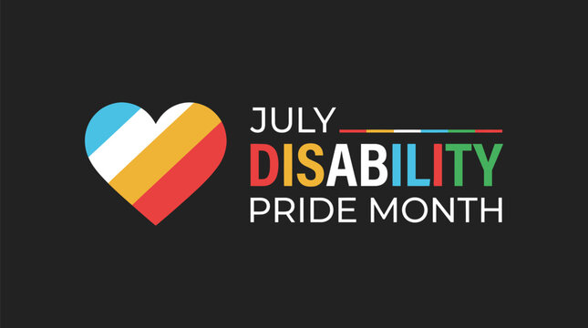 Colorful disability pride month vector illustration featuring a vibrant heart icon and bold modern typography