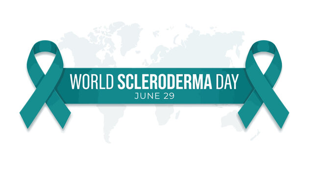 Teal ribbon vector illustration for world scleroderma day with bold white text on isolated background