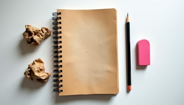Notebook with blank pages next to crumpled paper balls pencil and pink eraser. Tools for writing and drawing on clean desk surface. Creative process start.
