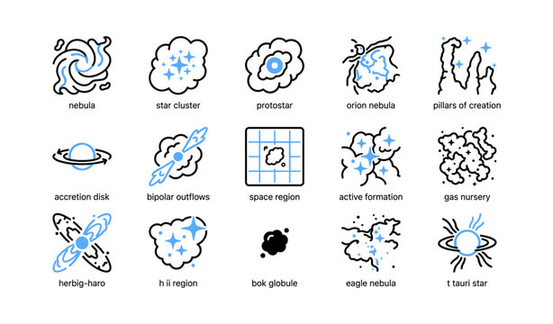 Astronomy icons showing nebulae and star formation regions