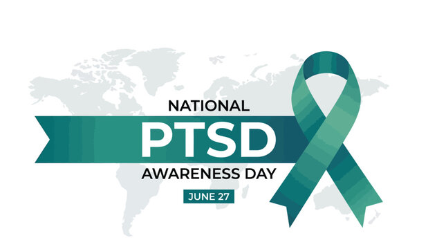 Teal ribbon vector illustration for national ptsd awareness day with bold typography and elegant design