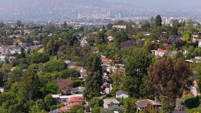 Hollywood Hills flying over Los Angeles California suburban district with tree lined street and residential houses and mountains background